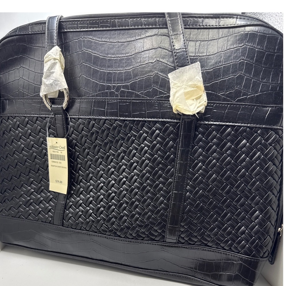 Coldwater Creek Hampton Computer Bag Black Woven Croc Embossed Laptop Tote NWT